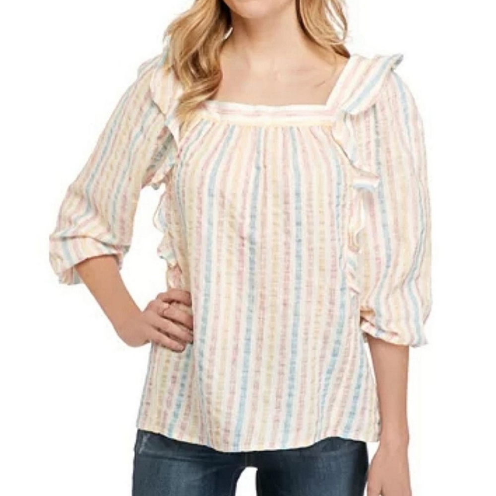 CHAPS square neck striped peasant Blouse